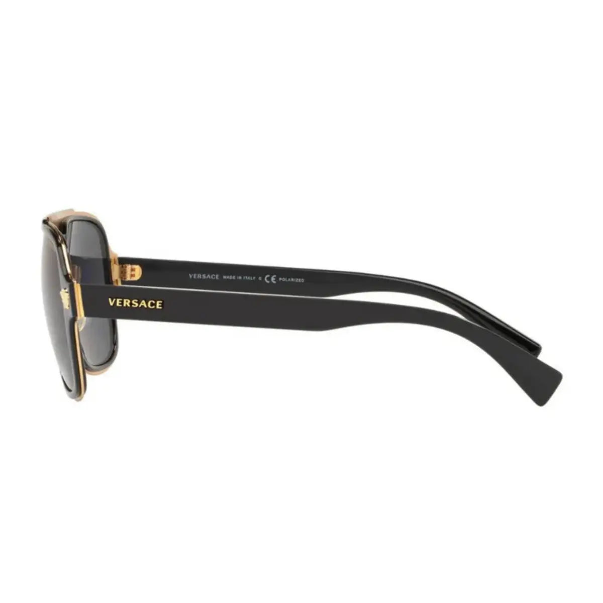 Versace sunglasses with black frame and gold accents on a white background