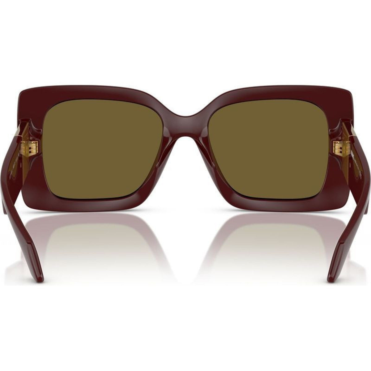 Sunglasses with a maroon frame and gold accents on a white background