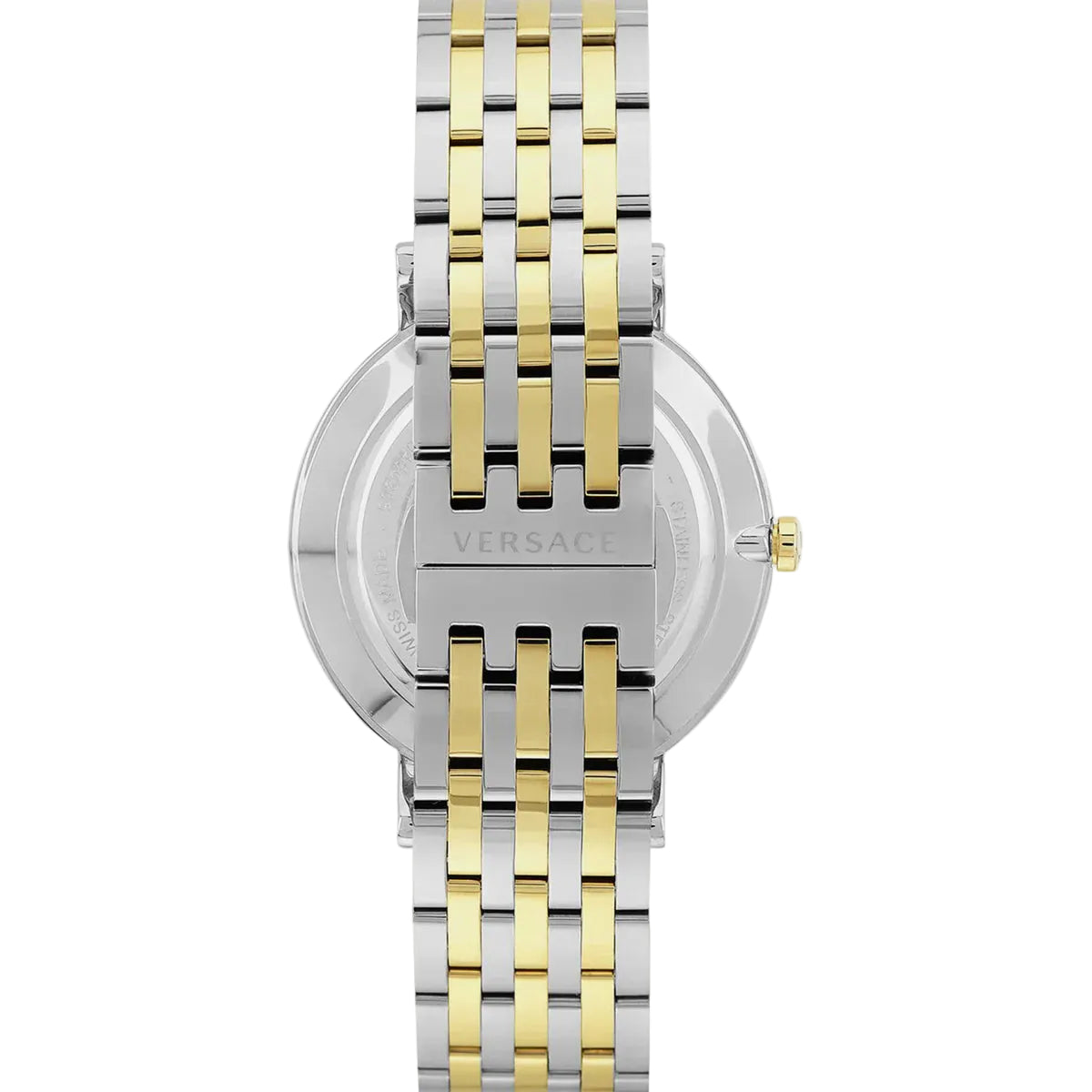 Versace watch with two-tone gold and silver bracelet on a white background