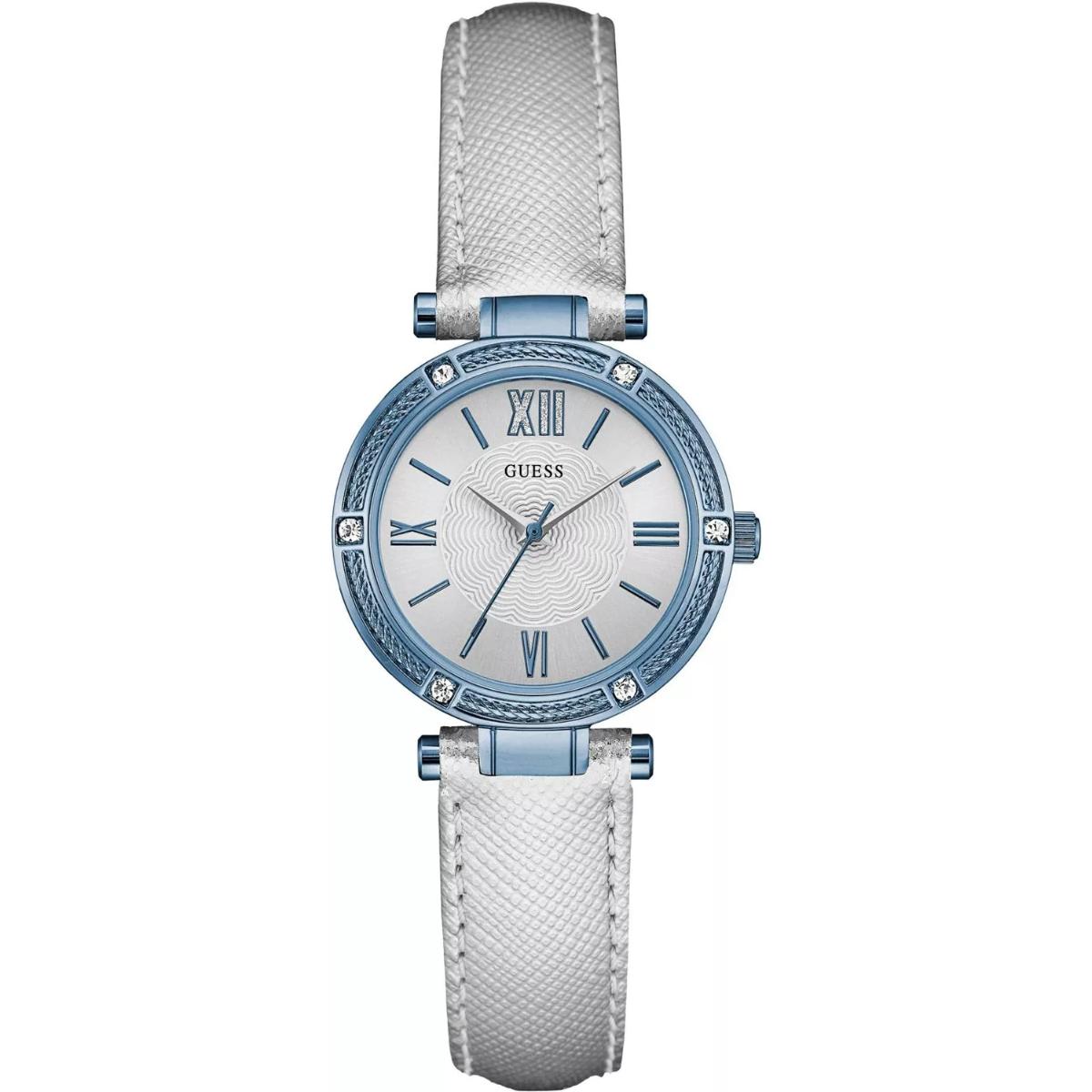 Guess watch with blue case and white strap on a white background