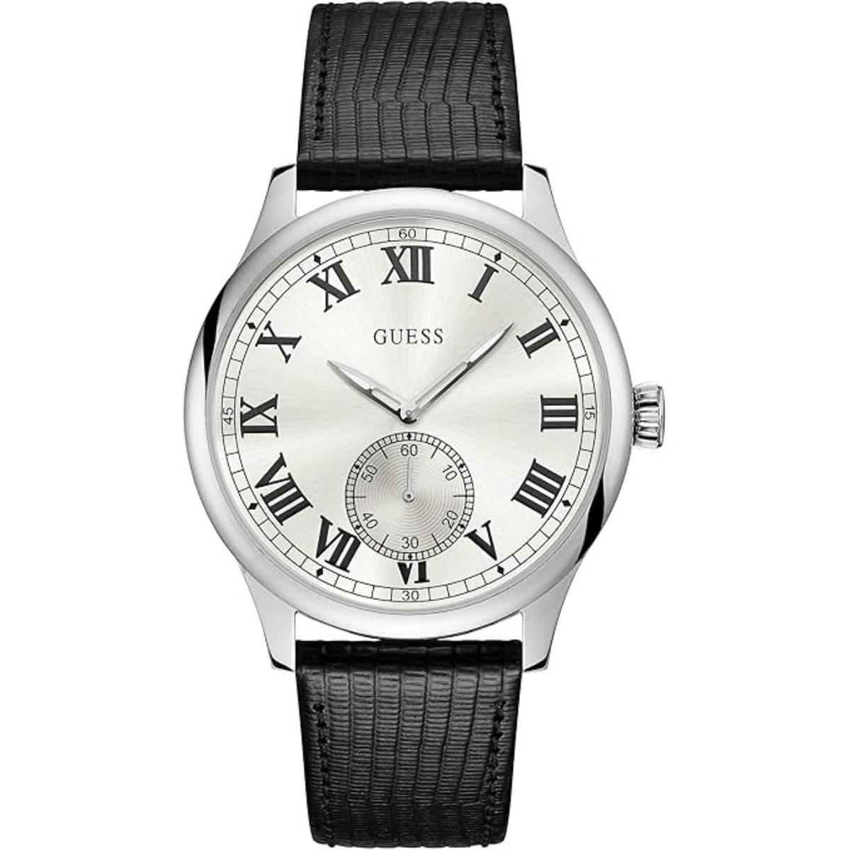 Black wristwatch with silver case and white dial on a white background