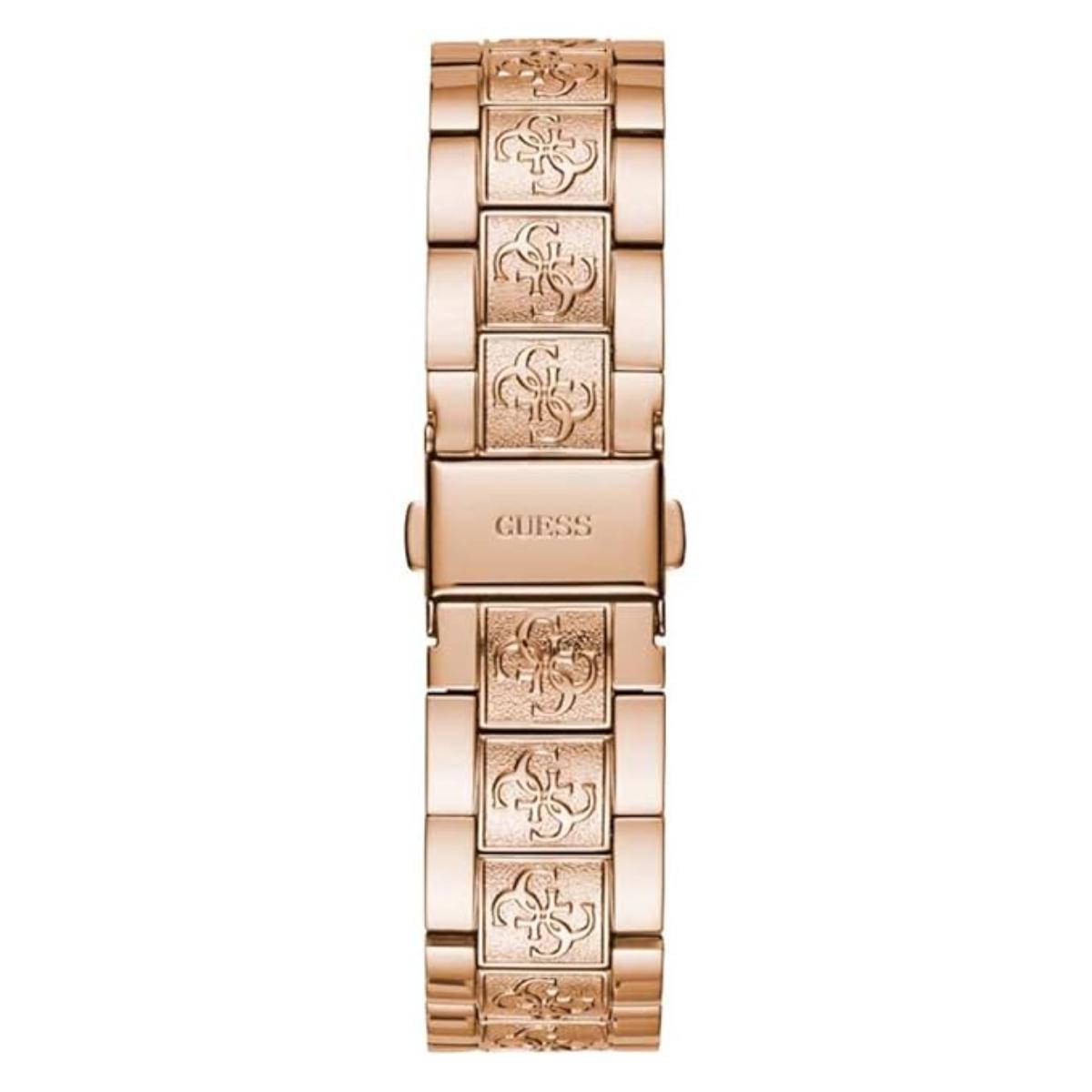 Rose gold watch with brand logo on a white background