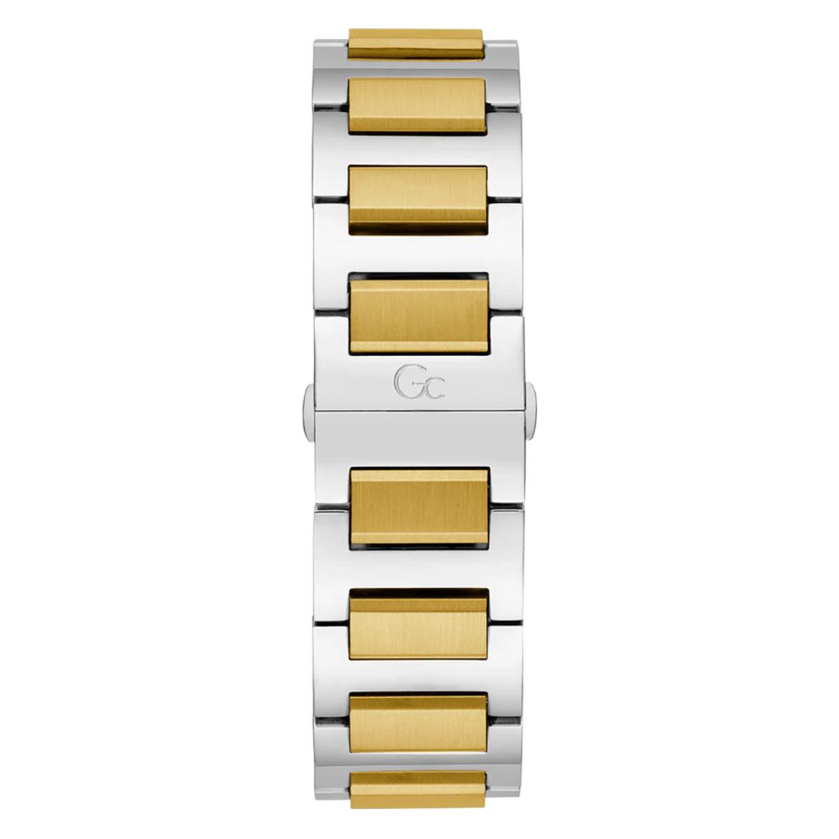 Two-tone watch with gold and silver bands on a white background