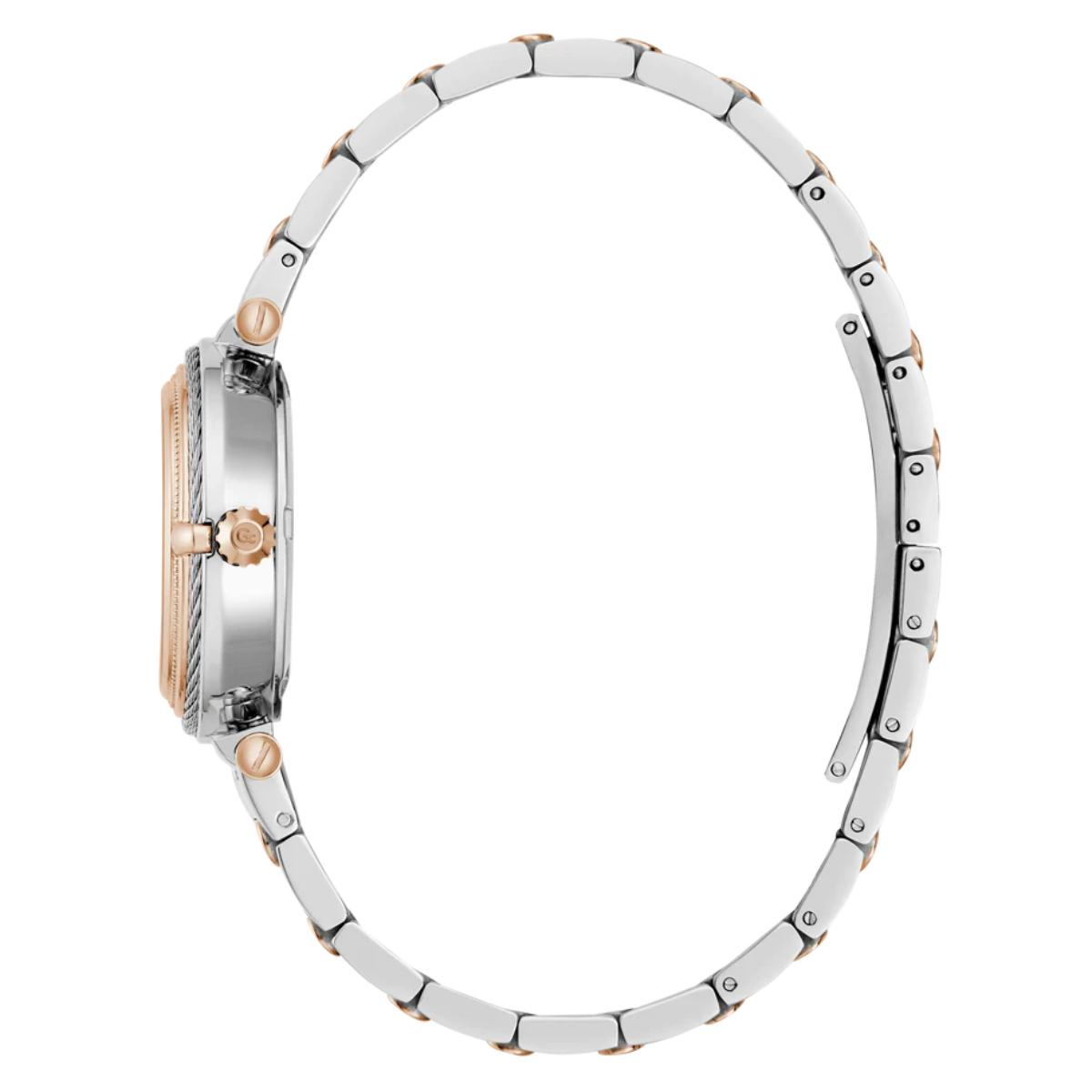 Watch with a white and rose gold band on a white background
