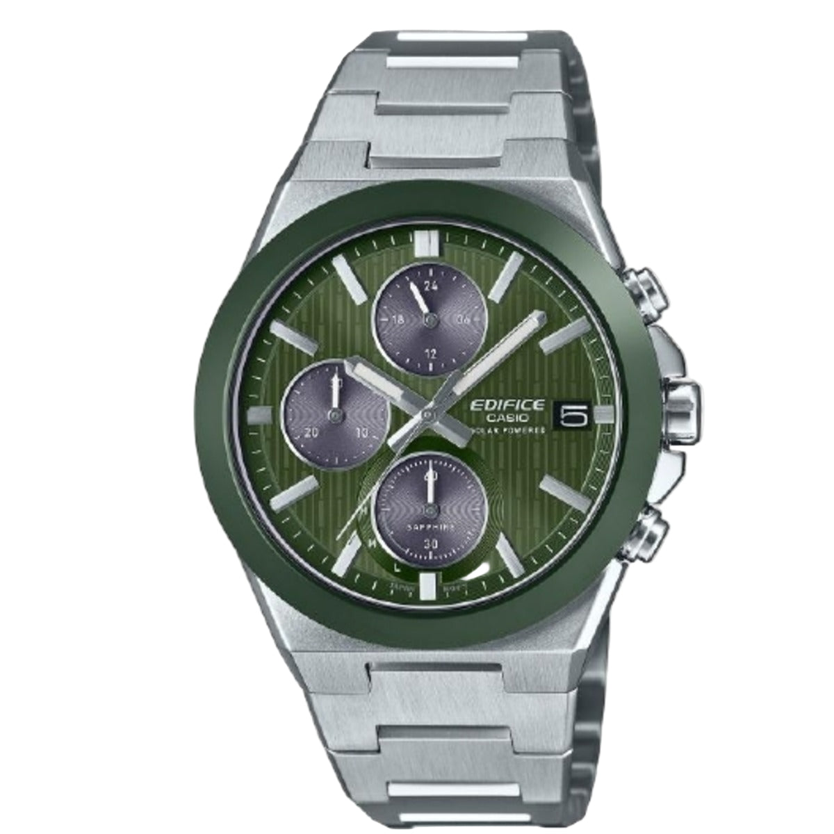 Edifice watch with green face and silver case on a white background