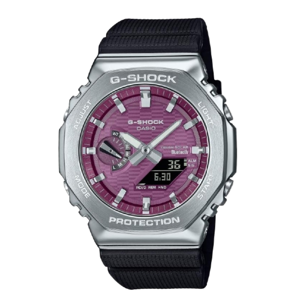 G-Shock watch with a purple face and black strap on a white background