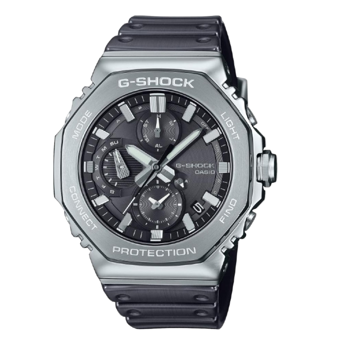 G-Shock watch with black and silver design on a white background