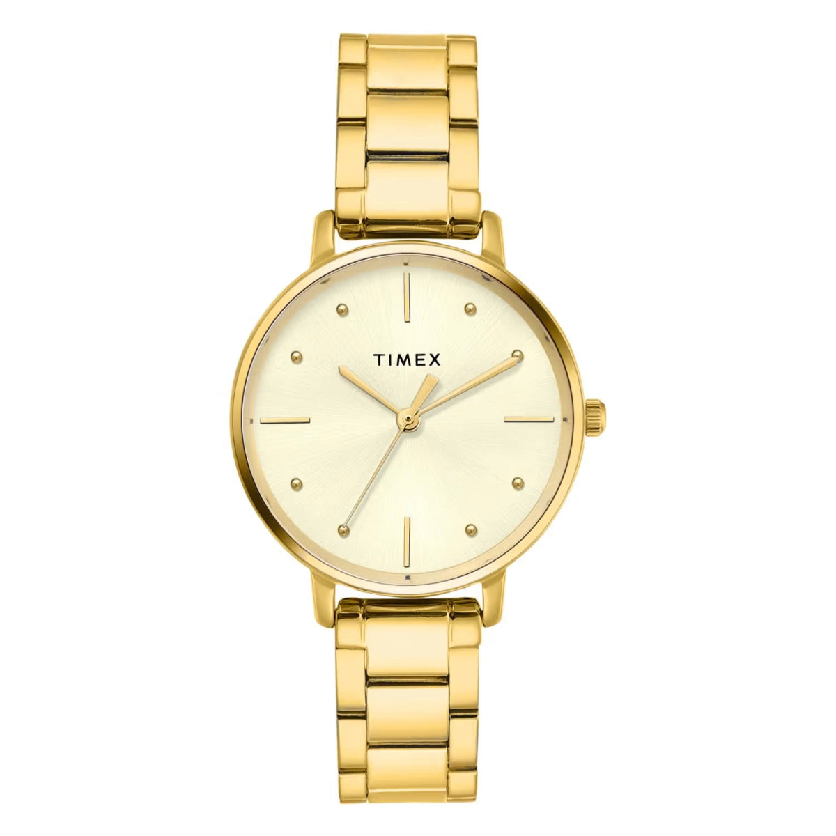 Gold Timex watch on a white background
