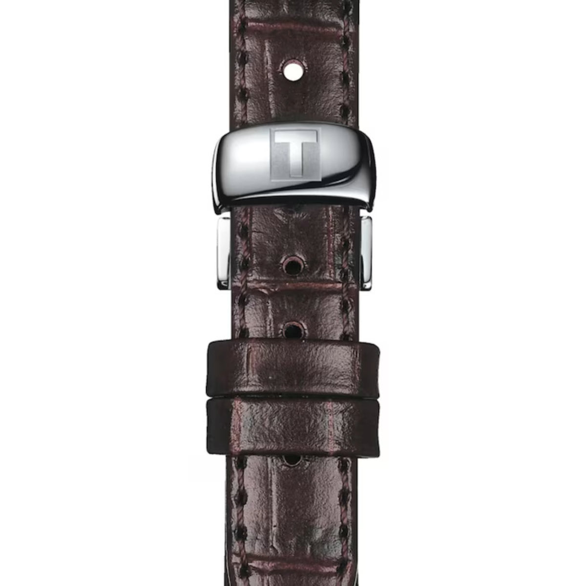 Brown leather watch strap with silver buckle on a white background