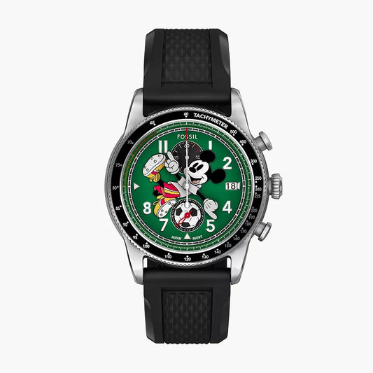Fossil watch with a green dial featuring cartoon characters on a white background