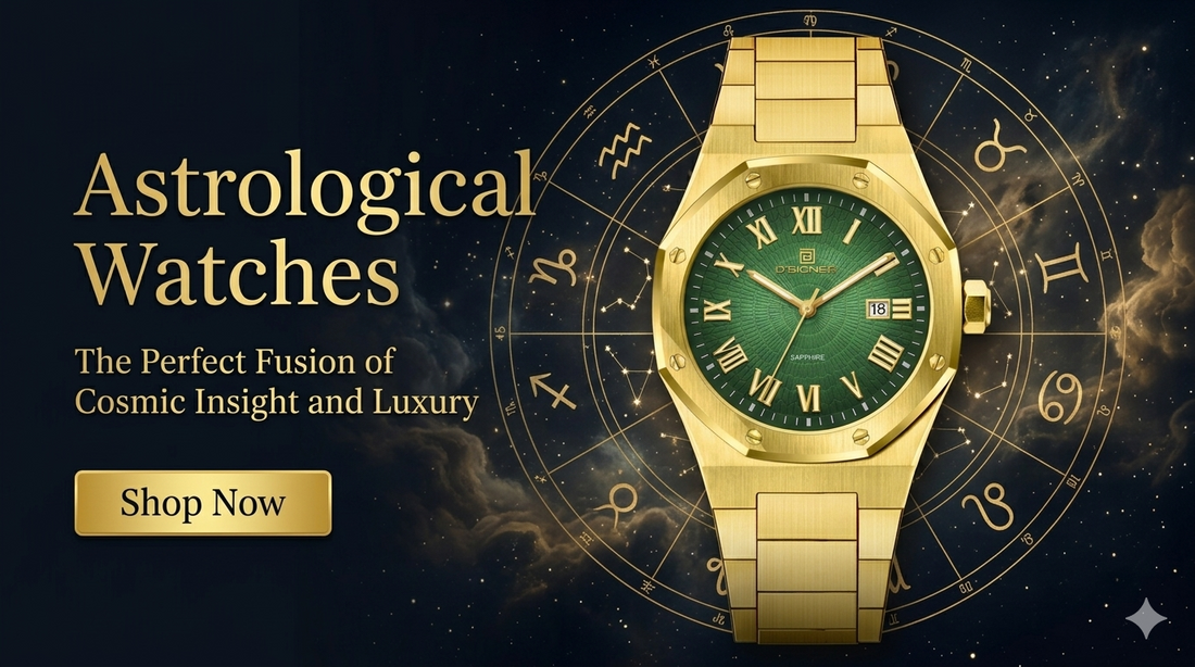Luxury astrological wristwatch with green dial and zodiac cosmic background symbolizing astrology and time alignment