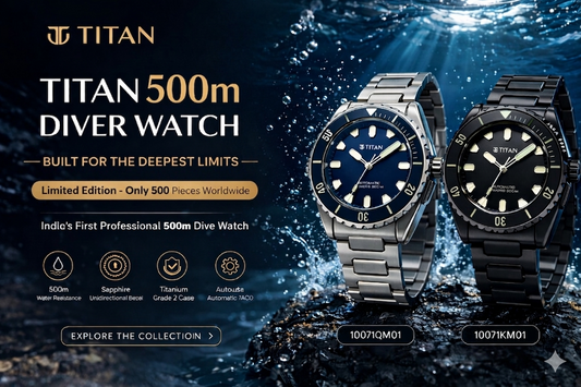 Titan 500m Diver Watch Limited Edition featuring models 10071KM01 and 10071QM01 with titanium case, sapphire bezel and 500m water resistance
