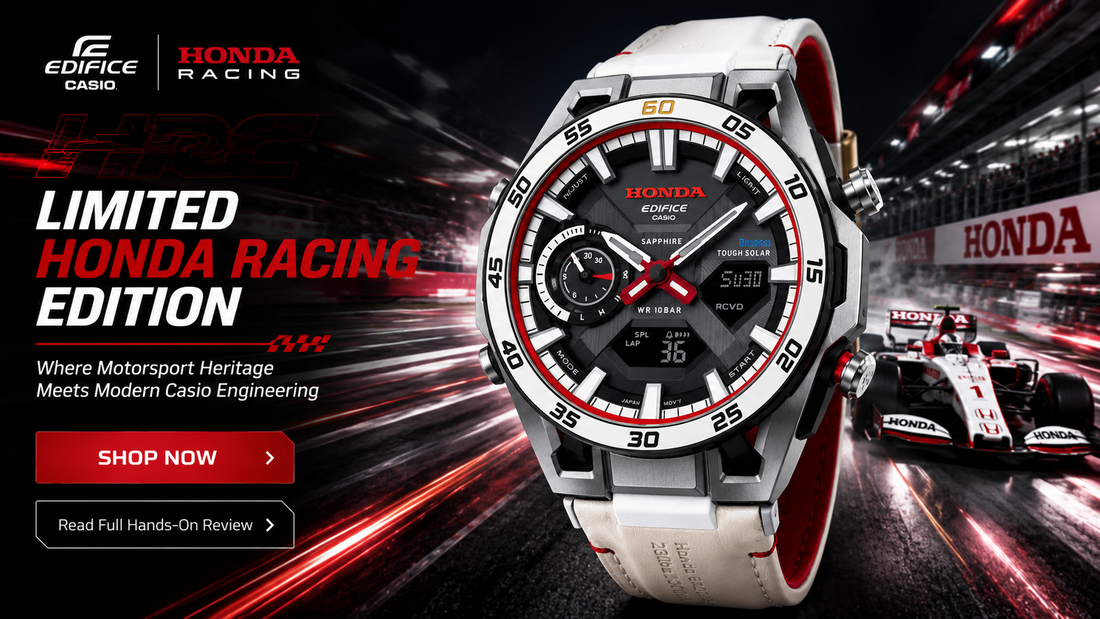 Casio ECB-2300HR Honda Racing Edition watch hero banner showing luxury motorsport-inspired design with carbon texture, red accents, and Formula 1 themed background with “Shop Now” call to action