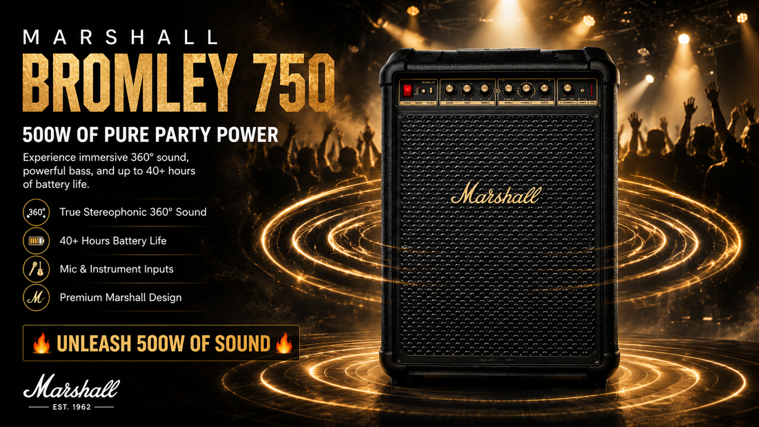 Marshall Bromley 750 portable party speaker with 500W power, 360-degree sound, and premium Marshall design