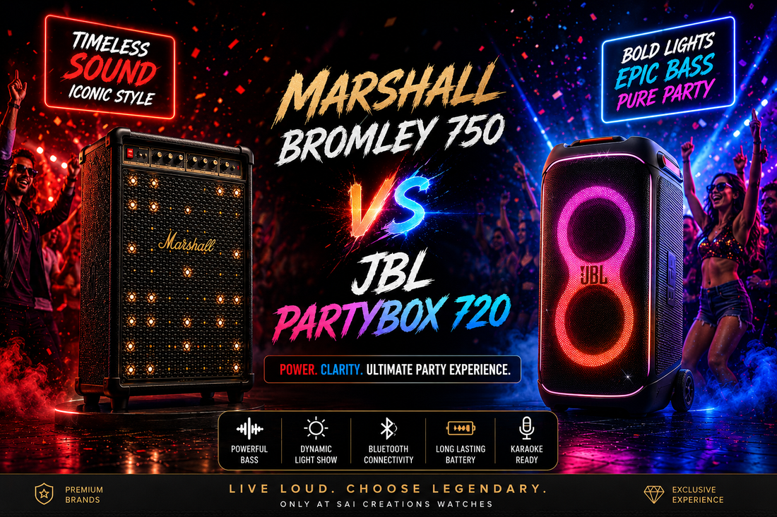 Marshall Bromley 750 vs JBL PartyBox 720 premium party speaker comparison banner showing luxury sound battle between vintage Marshall design and modern JBL RGB speaker