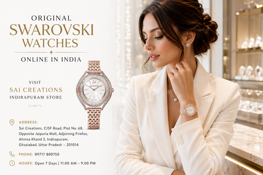 Original Swarovski women's watch on an elegant woman's wrist inside Sai Creations Indirapuram luxury showroom, showcasing authentic Swarovski watches available online in India.