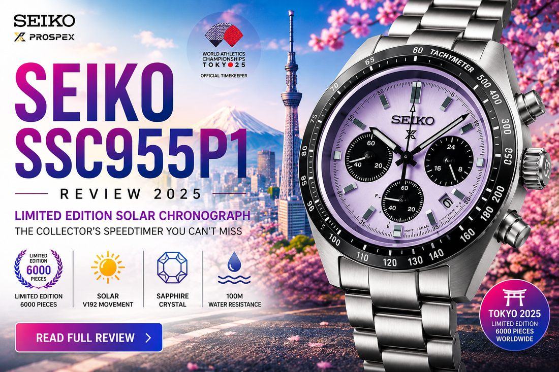 Seiko SSC955P1 Review 2025 banner featuring the limited edition Prospex Speedtimer solar chronograph with lavender dial, Tokyo skyline, Mount Fuji, and cherry blossoms.