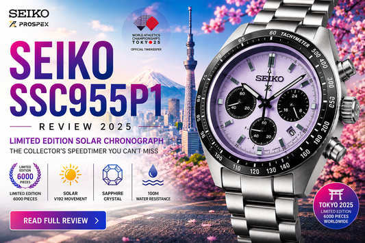 Seiko SSC955P1 Review 2025 banner featuring the limited edition Prospex Speedtimer solar chronograph with lavender dial, Tokyo skyline, Mount Fuji, and cherry blossoms.