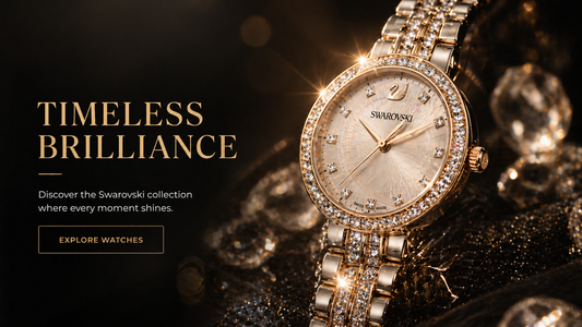 Luxury Swarovski crystal watch with sparkling details on a dark elegant background