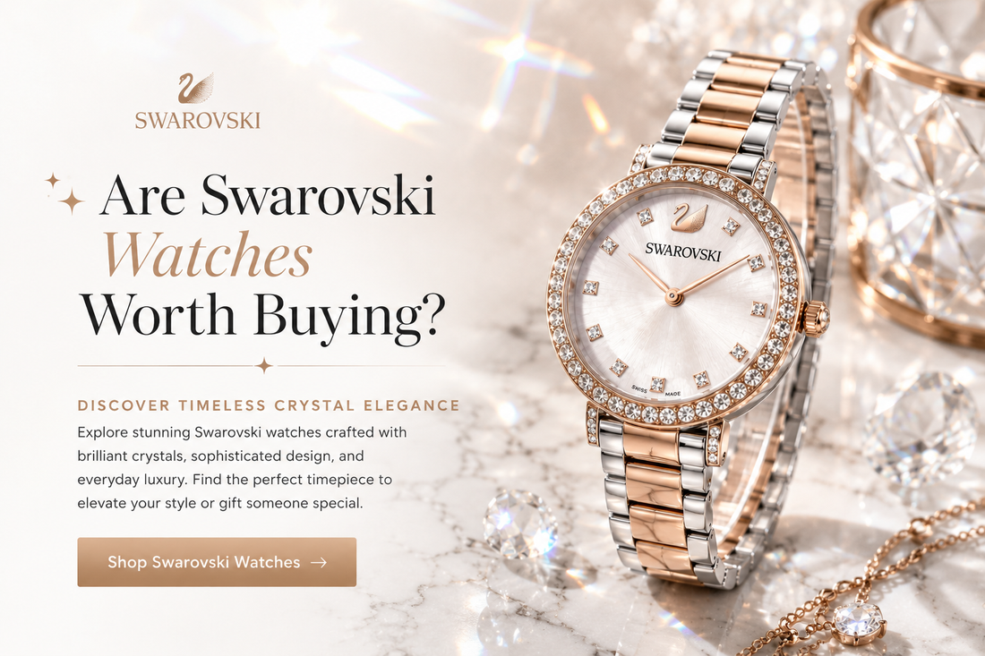 Luxury Swarovski crystal watch in rose gold and silver on a marble background with sparkling crystal accents and elegant jewelry styling.