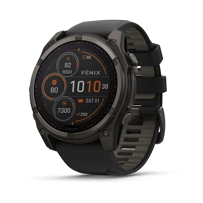 Fenix 8 47mm, Solar Sapphire, Carbon Grey DLC Titanium with Black/pebble grey Silicone Band