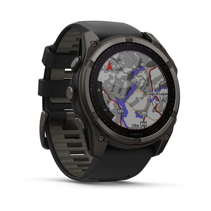 Fenix 8 47mm, Solar Sapphire, Carbon Grey DLC Titanium with Black/pebble grey Silicone Band