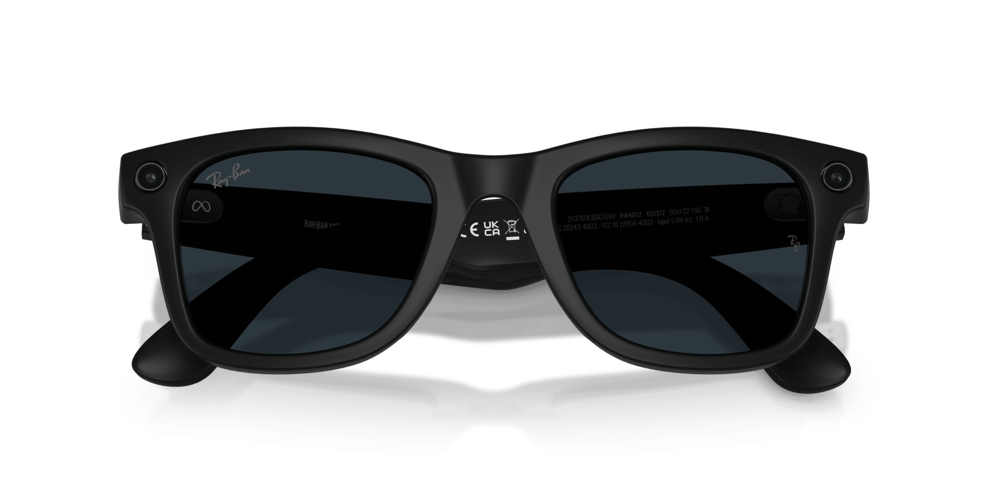 Black sunglasses on a gray stand with a blue gradient background
