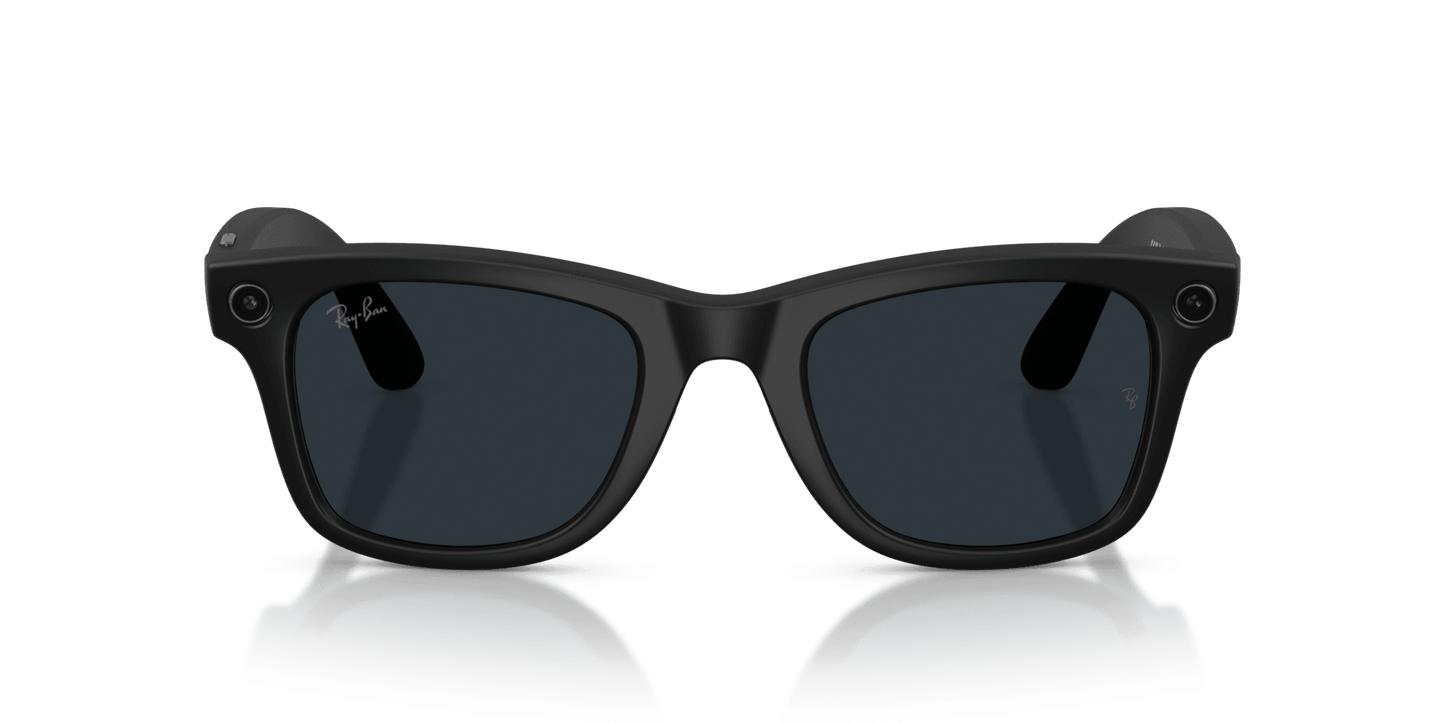 Black sunglasses with a reflective surface on a gradient blue background