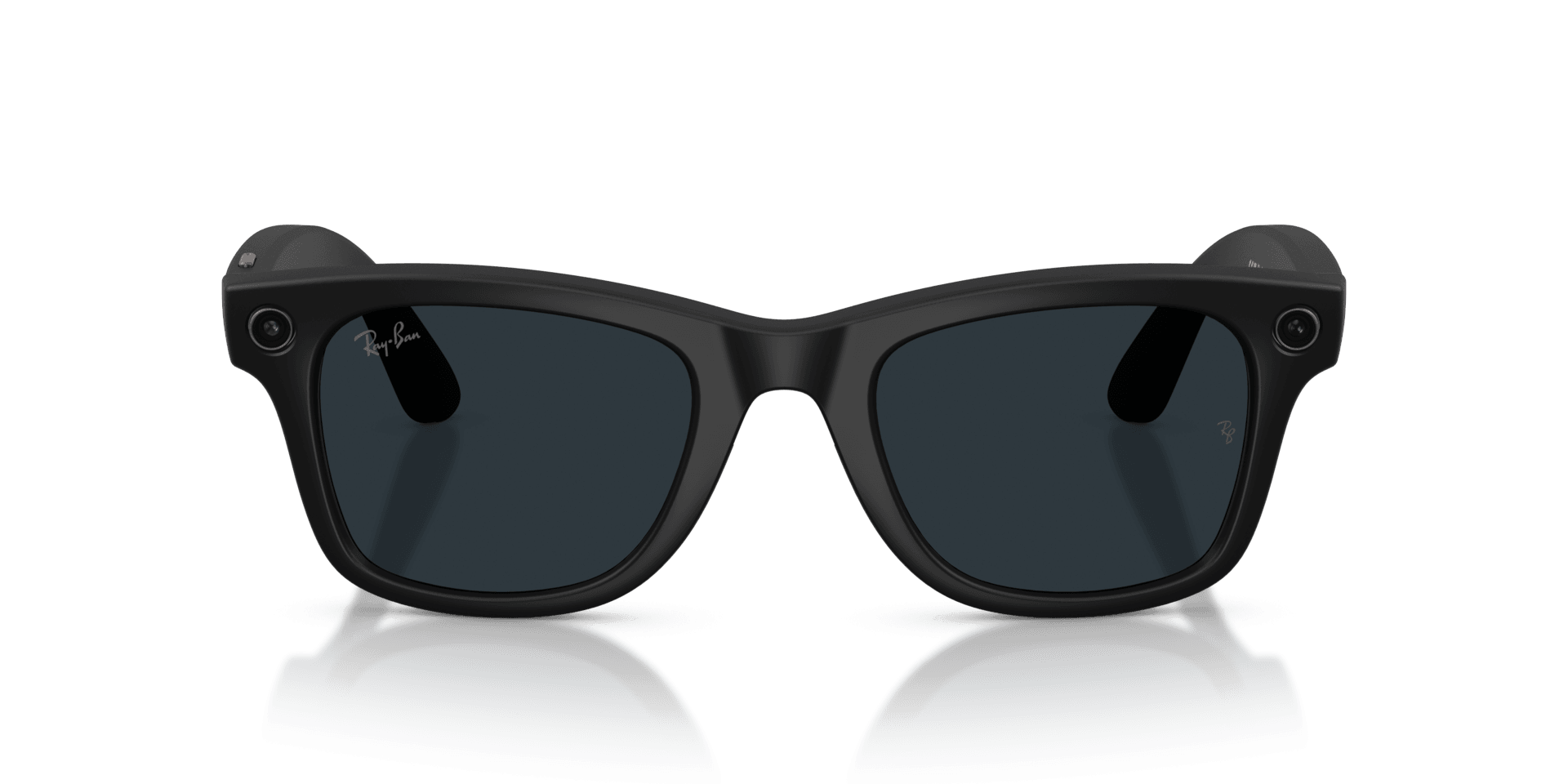Black sunglasses with a reflective surface on a gradient blue background