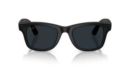 Black sunglasses with a reflective surface on a gradient blue background