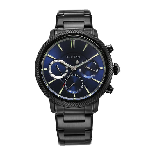 Titan Stellar Multifunction Blue Dial Black Stainless Steel Strap Watch For Men 10012NM01