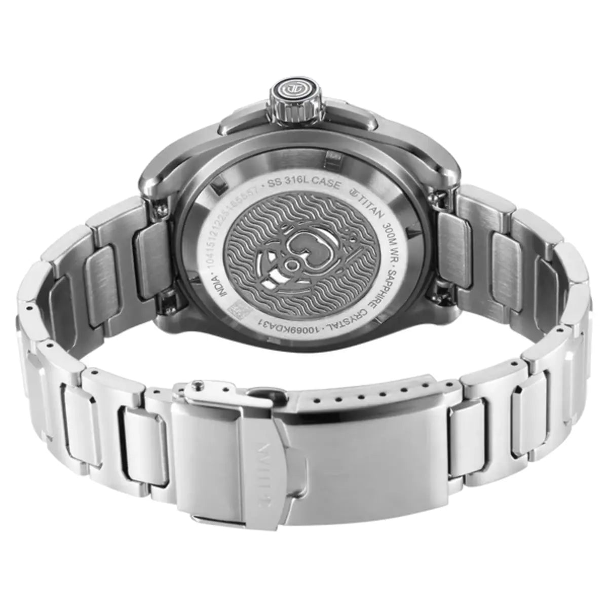 Silver stainless steel watch shown from the back, featuring a matching metal link bracelet and a detailed engravings case back.