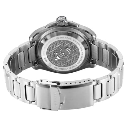 Silver stainless steel watch shown from the back, featuring a matching metal link bracelet and a detailed engravings case back.