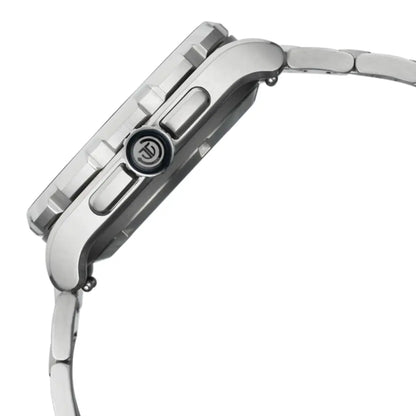 Close-up of a watch with a black strap on a white background
