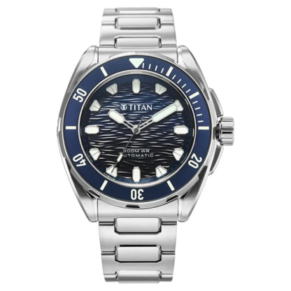 Titan automatic watch with a stainless steel link bracelet, featuring a blue dial with a wavy pattern, silver-tone indices, and a blue bezel with white markings.