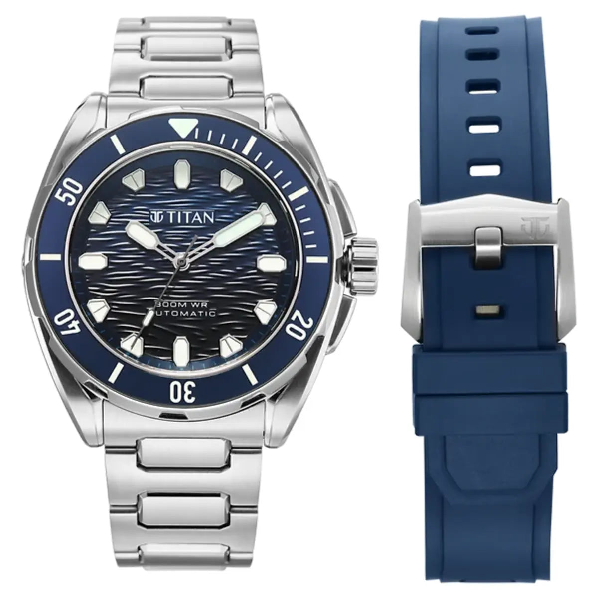 A stainless steel wristwatch with a blue textured dial and bezel, shown alongside a matching blue silicone strap with a silver buckle on a white background.