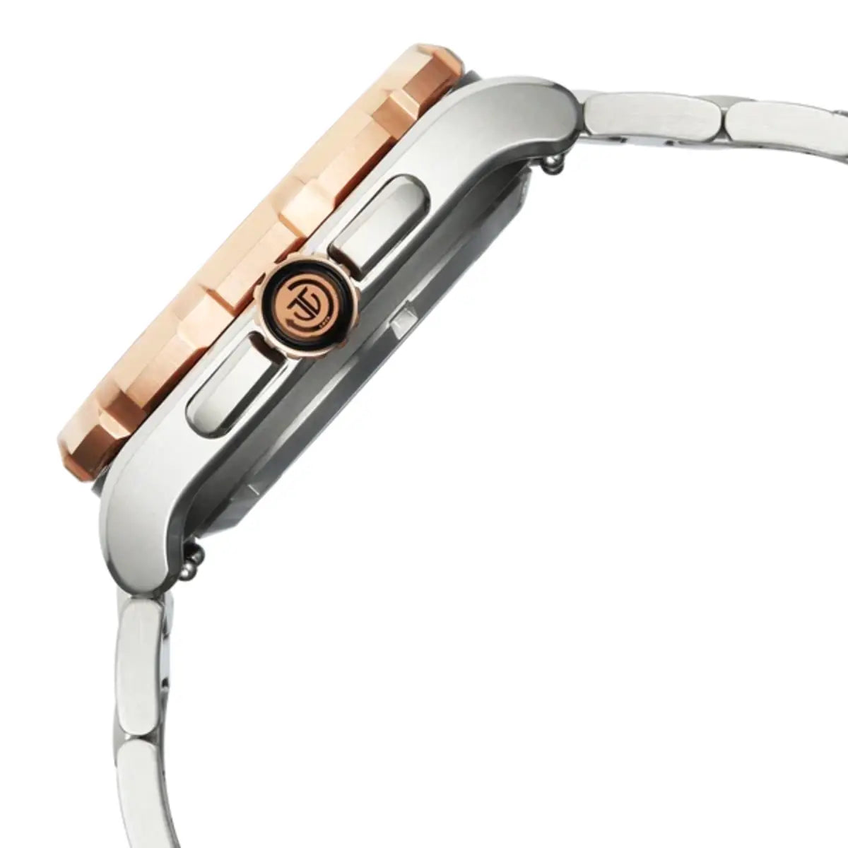 Close-up side view of a stainless steel and rose gold smartwatch with a metal link band on a white background.