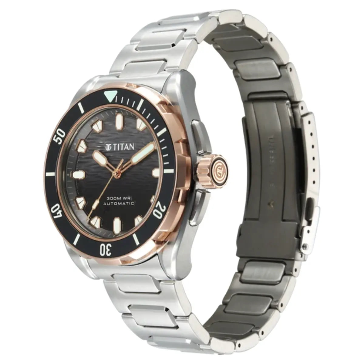 A stainless steel and rose gold Titan watch with a black dial and bezel, displayed on a clean white background.