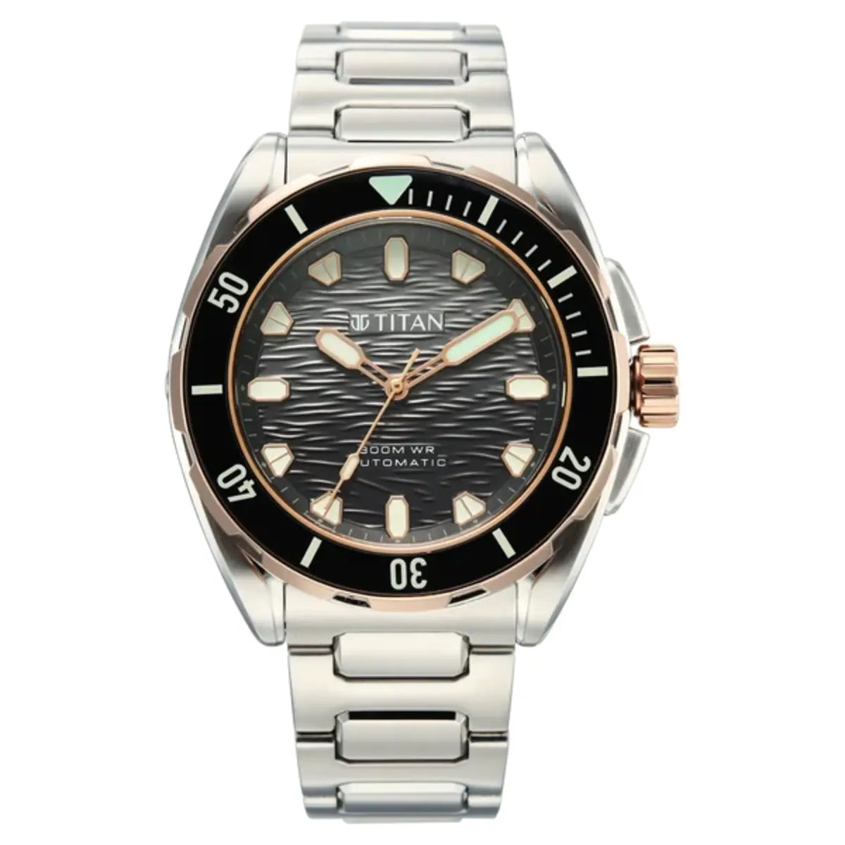 Titan automatic watch with a stainless steel link bracelet, a black bezel, and a textured dark gray dial with rose gold accents.