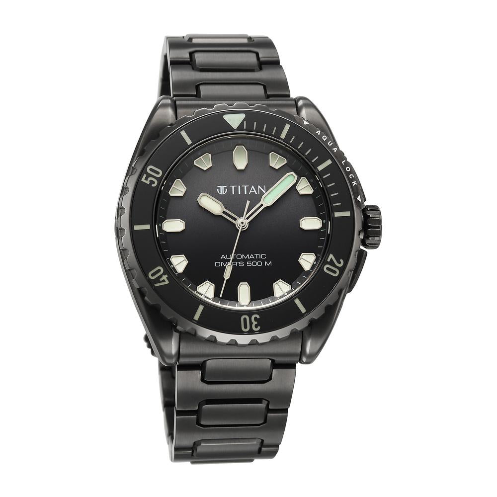 Titan watch with black dial and metallic band on a white background