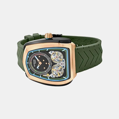 Luxury watch with green strap and rose gold case on a light gray background
