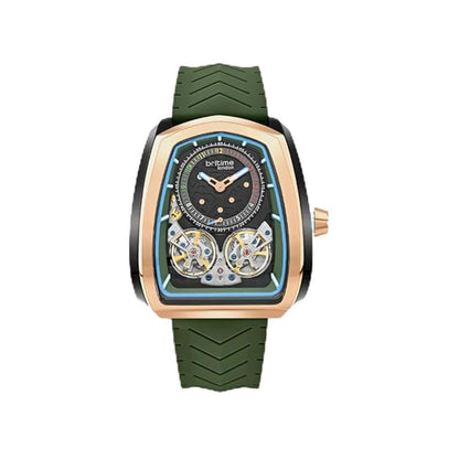 Watch with green strap and rose gold case on a white background