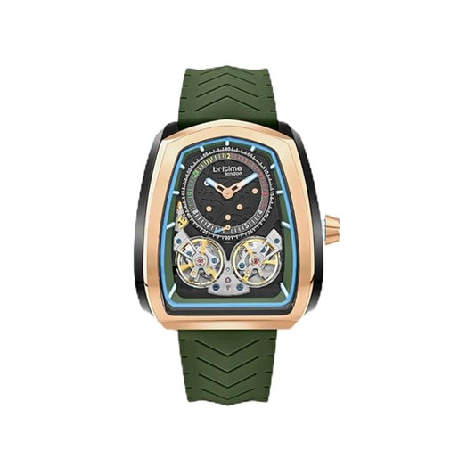 Watch with green strap and rose gold case on a white background