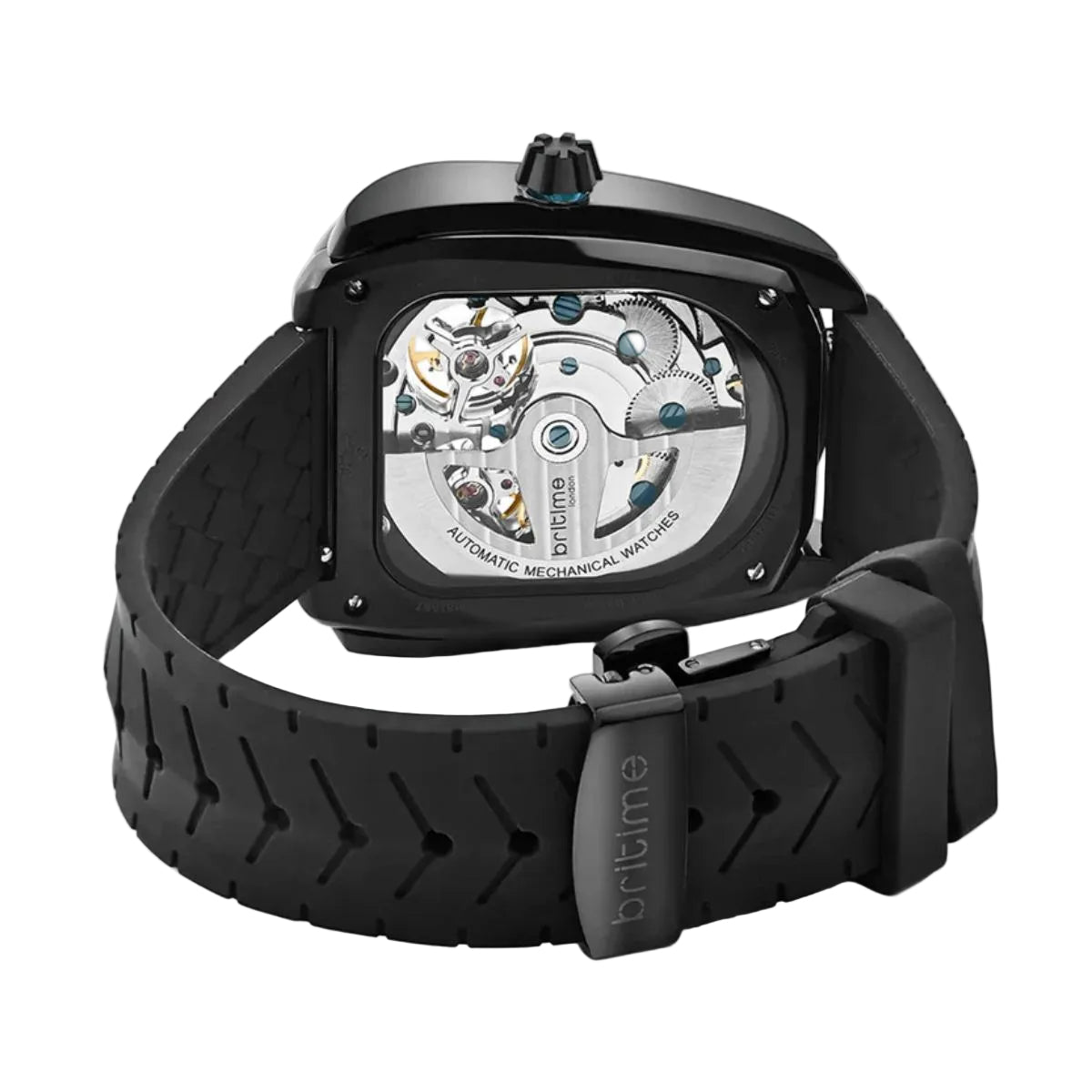 Black mechanical watch with visible brand name on a light gray background