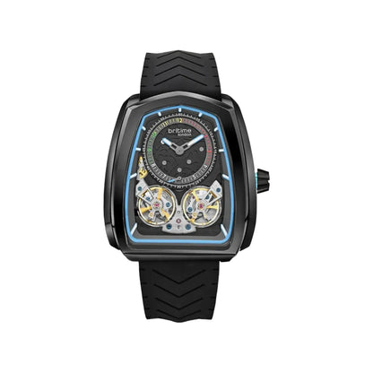 Black wristwatch with transparent case on a light gray background