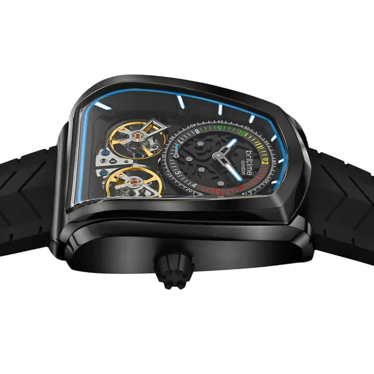 Luxury watch with a transparent caseback on a light gray background