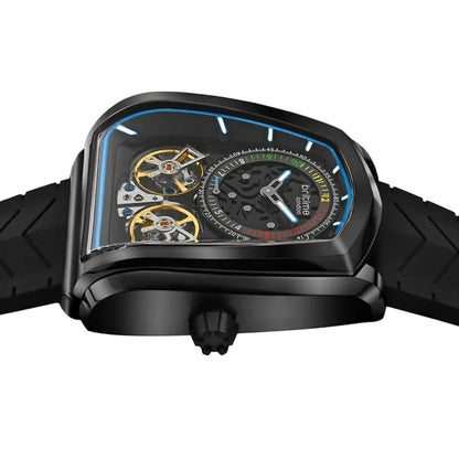 Luxury watch with a transparent caseback on a light gray background