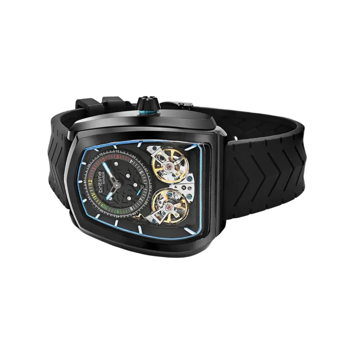 Black wristwatch with intricate design on a white background