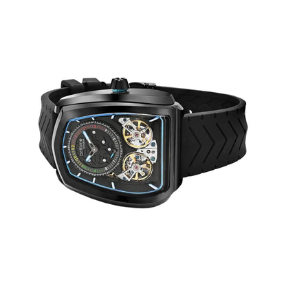Black wristwatch with intricate design on a white background