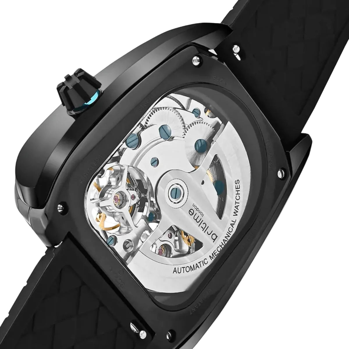 Close-up of a black watch with a transparent caseback revealing mechanical components on a light gray background.